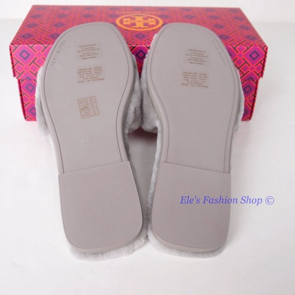 NIB Tory Burch Double T Shearling Slide Sandal GRAY HERON 6.5 7 7.5 8 AUTHENTIC - Picture 15 of 16